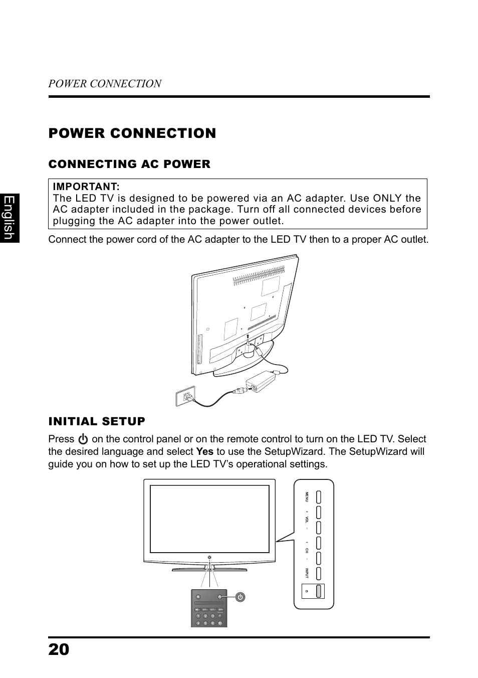 Power connection, Connecting ac power, Initial setup | English power connection | Westinghouse DIGITAL TELEVISION LD-3237 User Manual | Page 25 / 66