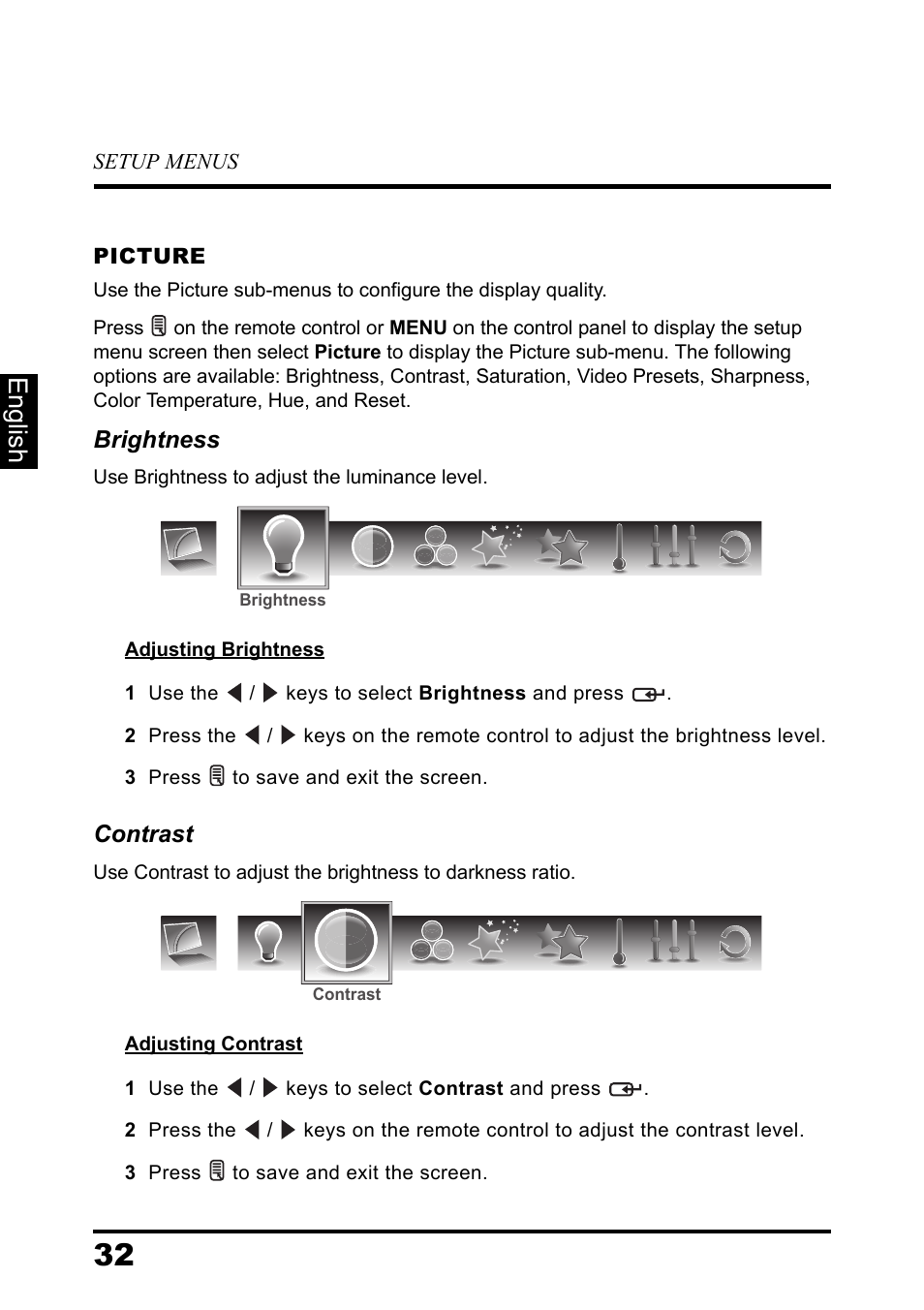 Picture, English | Westinghouse DIGITAL TELEVISION LD-3237 User Manual | Page 37 / 66