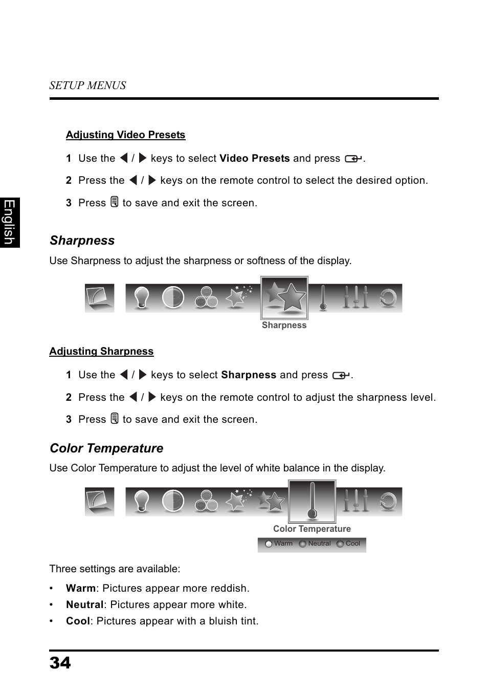 English, Sharpness, Color temperature | Westinghouse DIGITAL TELEVISION LD-3237 User Manual | Page 39 / 66