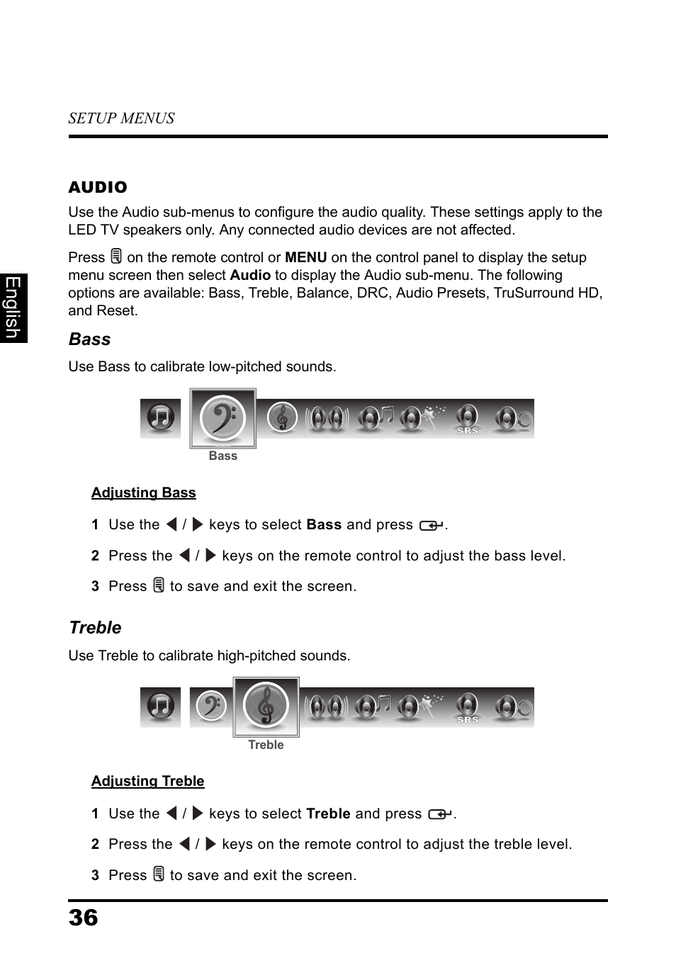 Audio, English, Bass | Treble | Westinghouse DIGITAL TELEVISION LD-3237 User Manual | Page 41 / 66