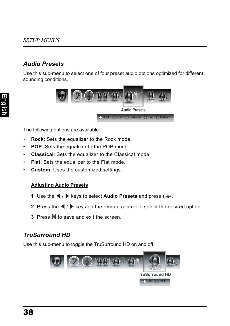 English, Audio presets, Trusurround hd | Westinghouse DIGITAL TELEVISION LD-3237 User Manual | Page 43 / 66