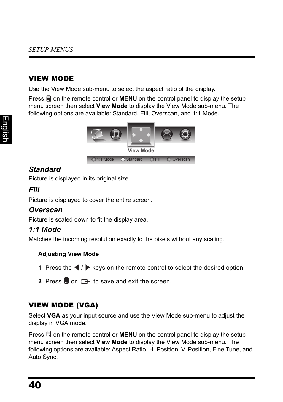 View mode, View mode (vga), English | Standard, Fill, Overscan, 1 mode | Westinghouse DIGITAL TELEVISION LD-3237 User Manual | Page 45 / 66
