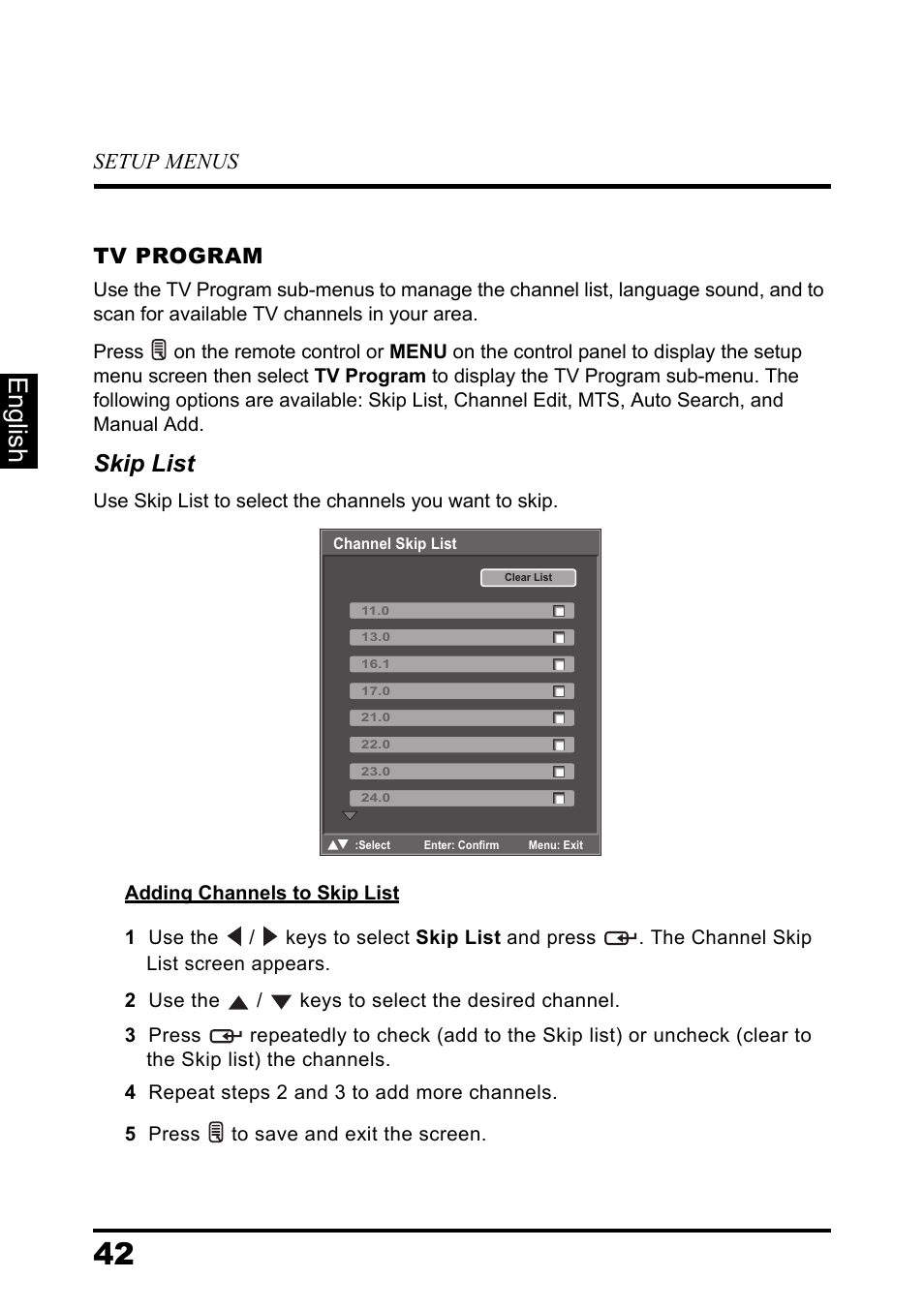 Tv program, English, Skip list | Setup menus | Westinghouse DIGITAL TELEVISION LD-3237 User Manual | Page 47 / 66