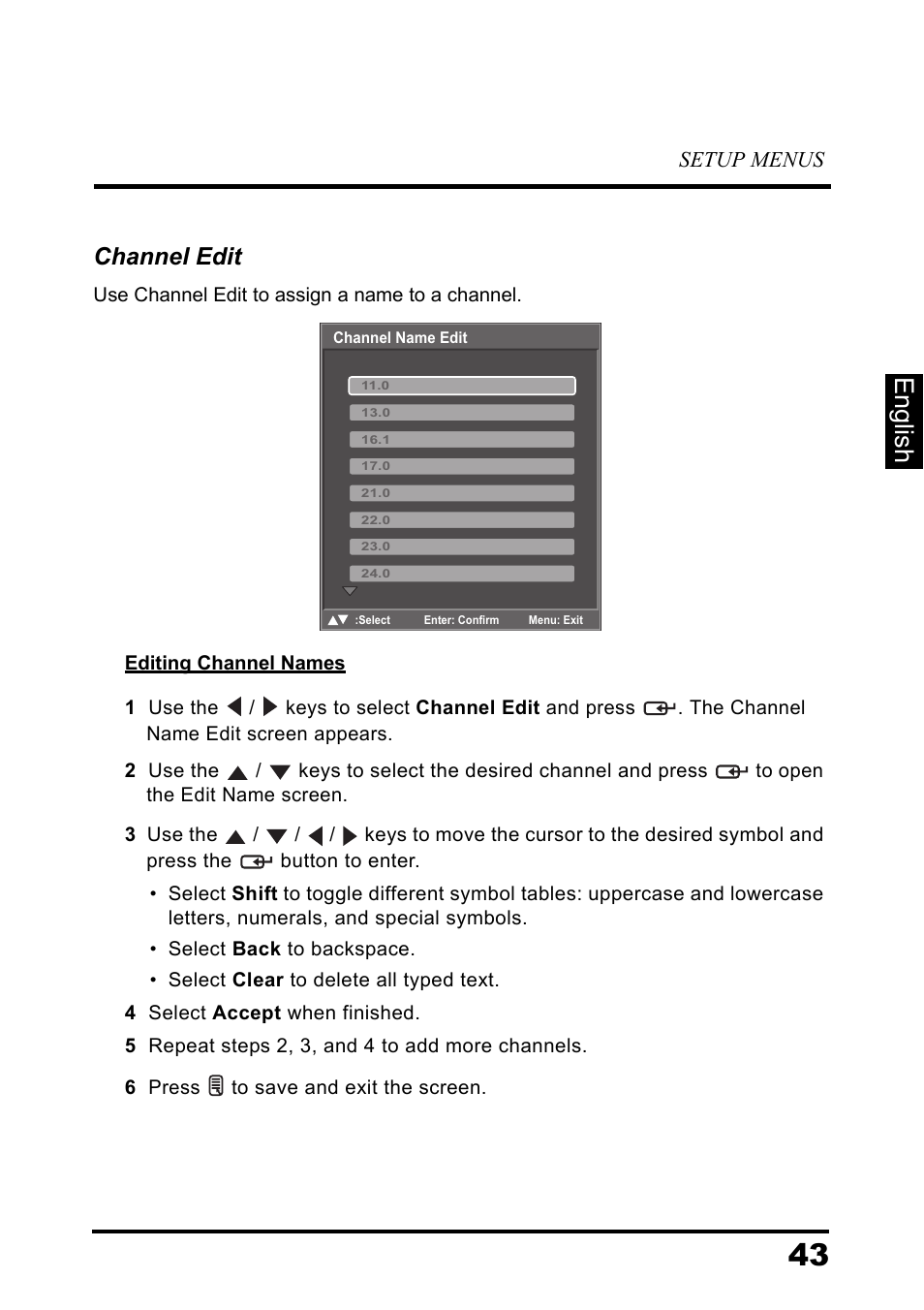 English, Channel edit, Setup menus | Westinghouse DIGITAL TELEVISION LD-3237 User Manual | Page 48 / 66