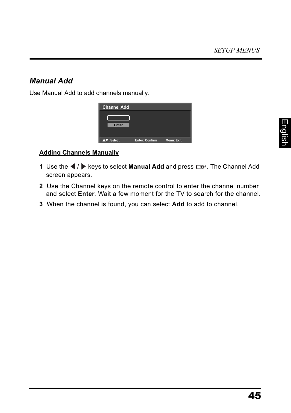 English, Manual add, Setup menus | Westinghouse DIGITAL TELEVISION LD-3237 User Manual | Page 50 / 66