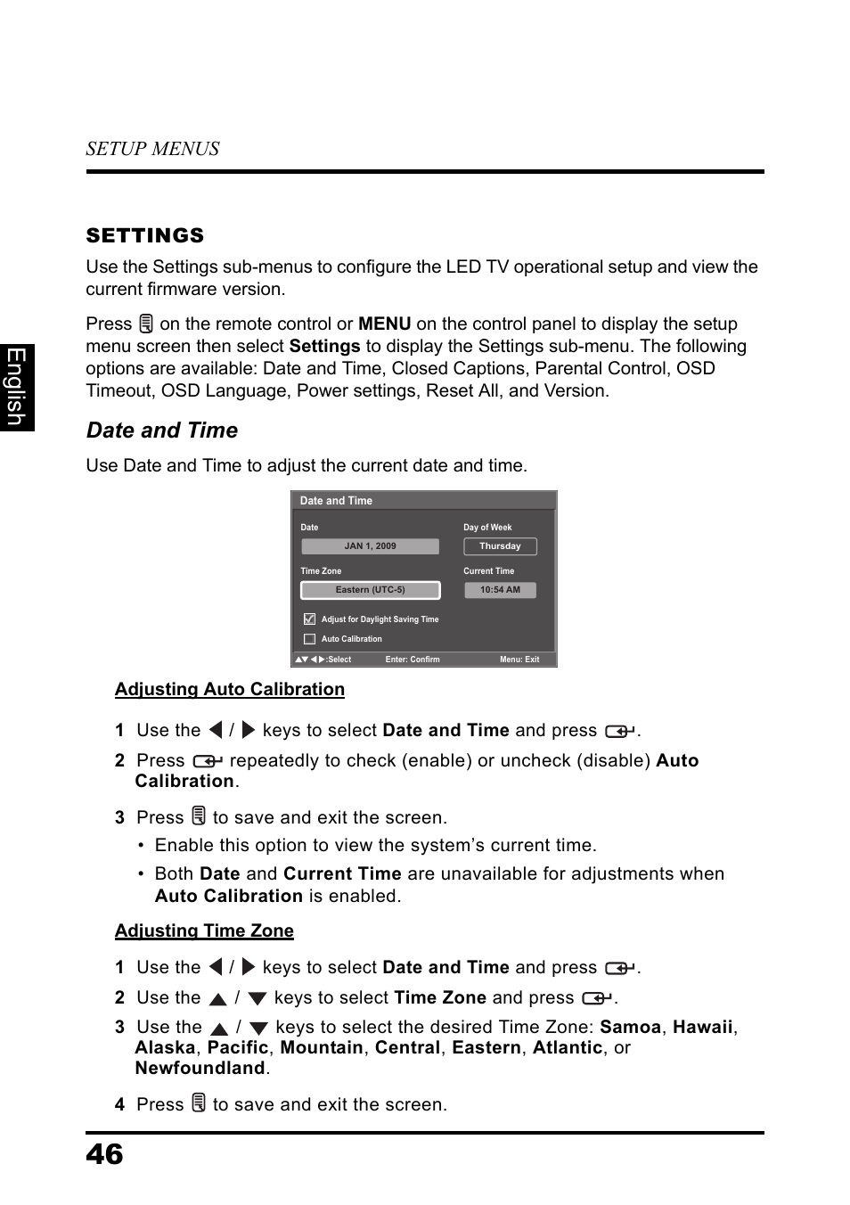 Settings, English, Date and time | Setup menus | Westinghouse DIGITAL TELEVISION LD-3237 User Manual | Page 51 / 66