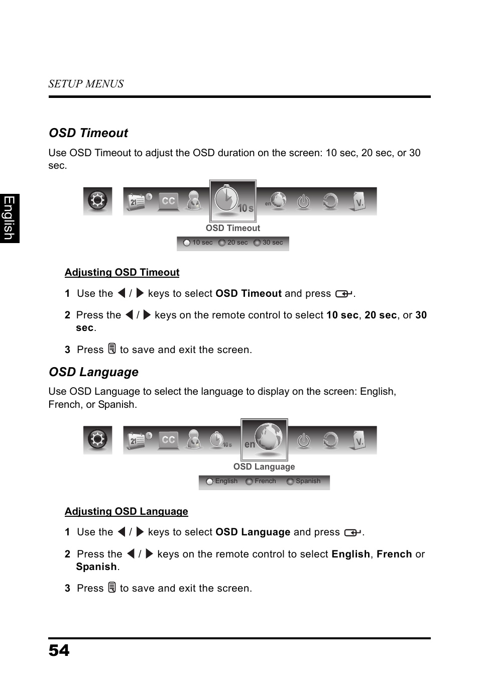 English, Osd timeout, Osd language | Westinghouse DIGITAL TELEVISION LD-3237 User Manual | Page 59 / 66