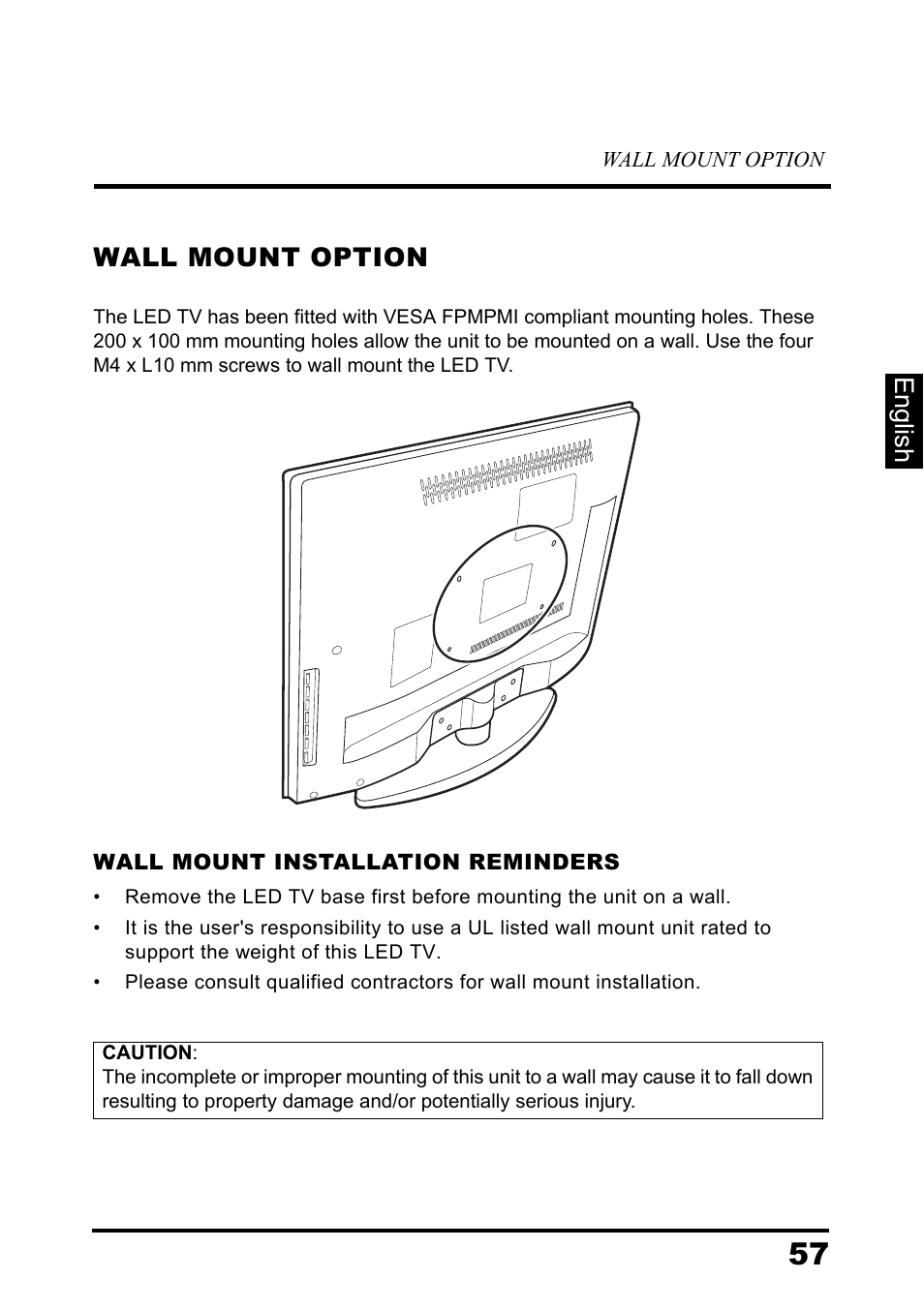 Wall mount option, Wall mount installation reminders, English wall mount option | Westinghouse DIGITAL TELEVISION LD-3237 User Manual | Page 62 / 66