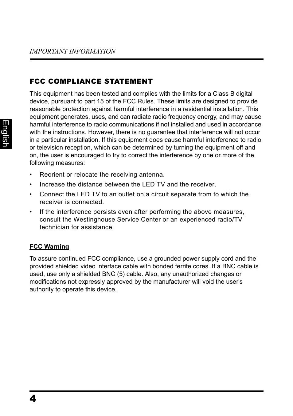 Fcc compliance statement, English | Westinghouse DIGITAL TELEVISION LD-3237 User Manual | Page 8 / 66