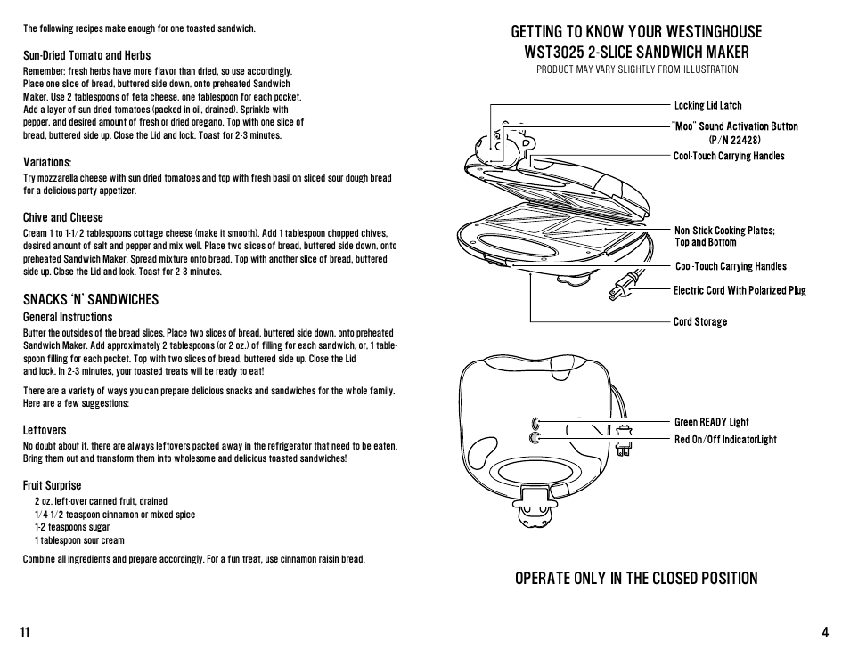 Operate only in the closed position | Westinghouse mooWICH User Manual | Page 12 / 16
