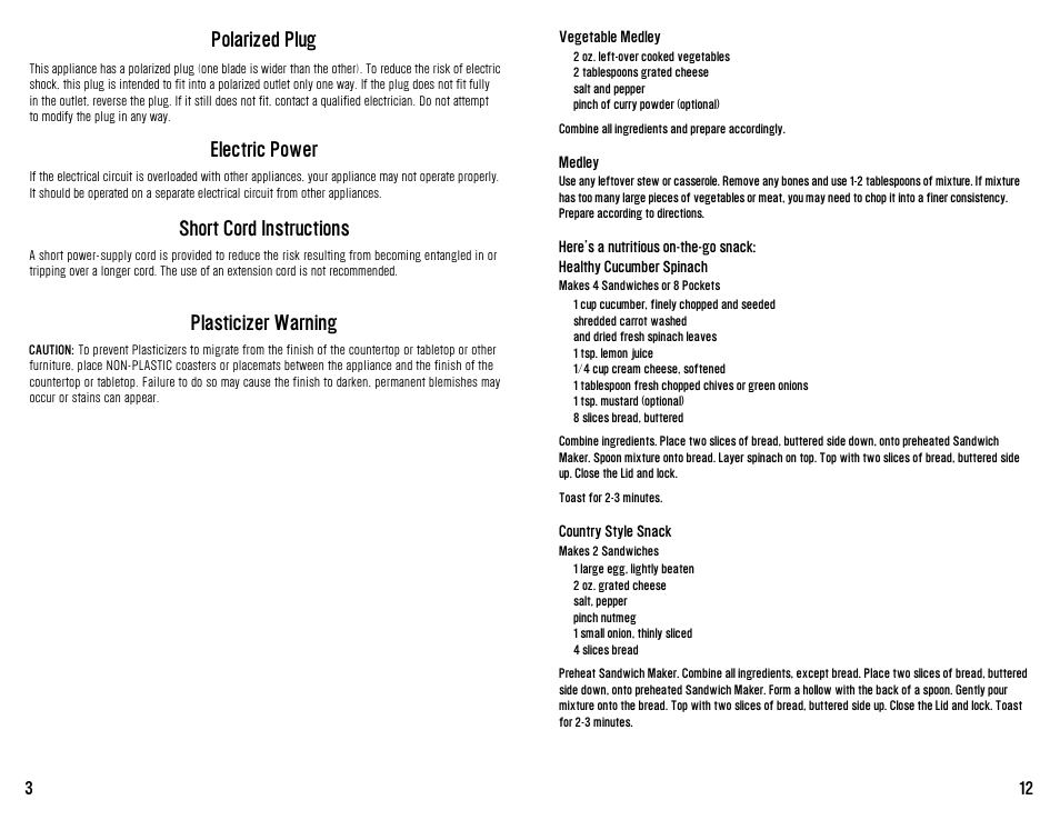 Polarized plug, Electric power, Short cord instructions | Plasticizer warning | Westinghouse mooWICH User Manual | Page 13 / 16