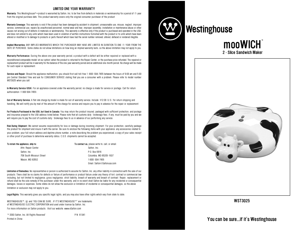 Moowich, You can be sure...if it’s westinghouse, 2 - slice sandwich maker | Wst3025 | Westinghouse mooWICH User Manual | Page 16 / 16