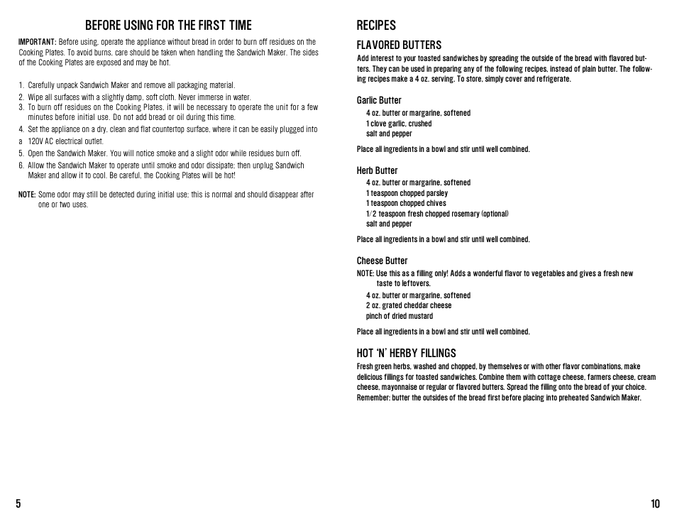 Before using for the first time, Recipes | Westinghouse mooWICH User Manual | Page 6 / 16