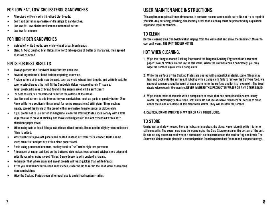 User maintenance instructions | Westinghouse mooWICH User Manual | Page 8 / 16