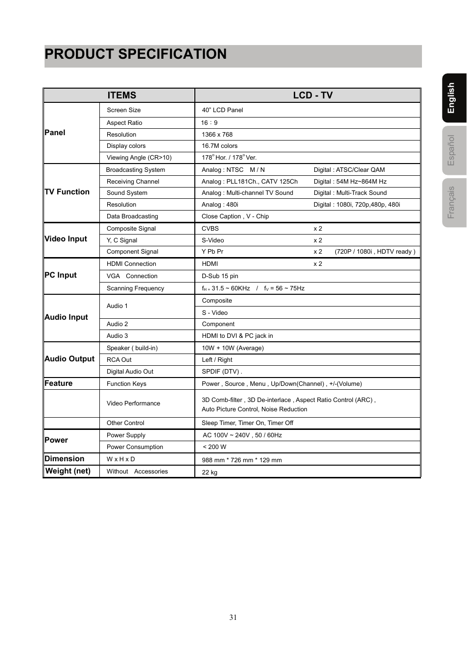 Product specification, Items lcd - tv, Engli sh esp añol f rançais | Westinghouse SK-40H520S User Manual | Page 34 / 36