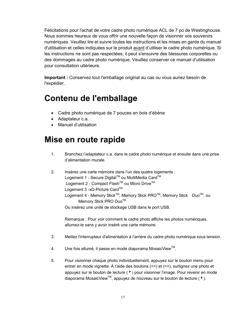 Contenu de l'emballage, Mise en route rapide | Westinghouse DPF-0702 User Manual | Page 18 / 48