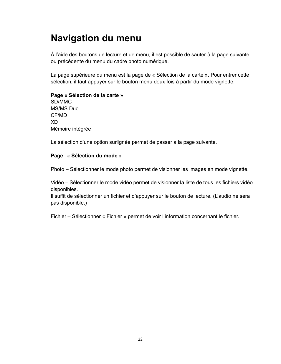 Navigation du menu | Westinghouse DPF-0702 User Manual | Page 23 / 48