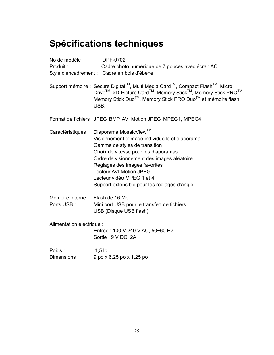 Spécifications techniques | Westinghouse DPF-0702 User Manual | Page 26 / 48