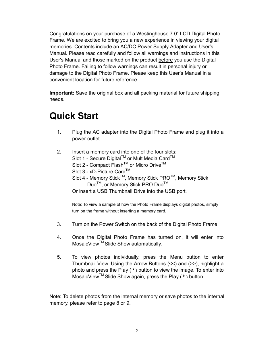 Quick start | Westinghouse DPF-0702 User Manual | Page 3 / 48