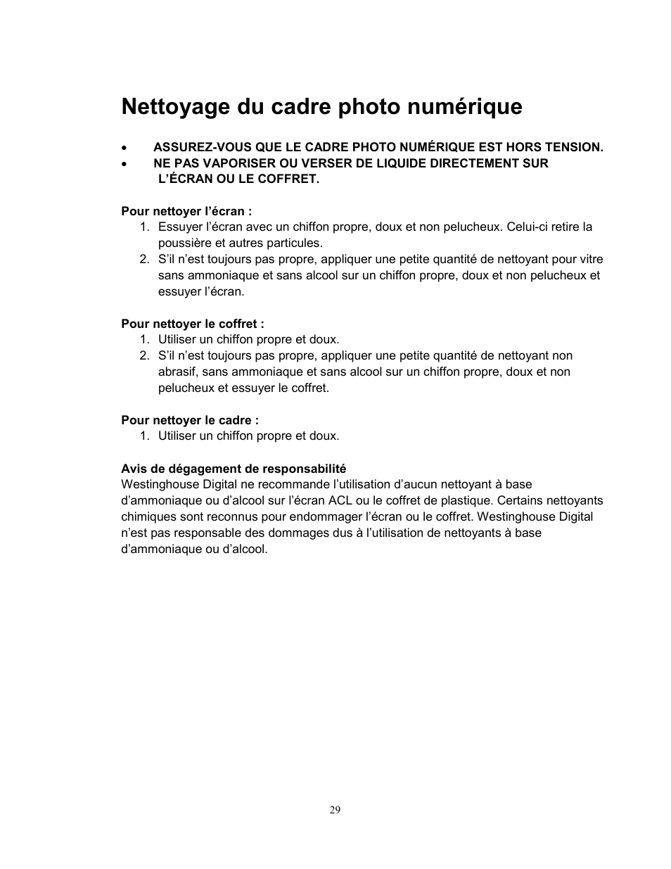 Nettoyage du cadre photo numérique | Westinghouse DPF-0702 User Manual | Page 30 / 48