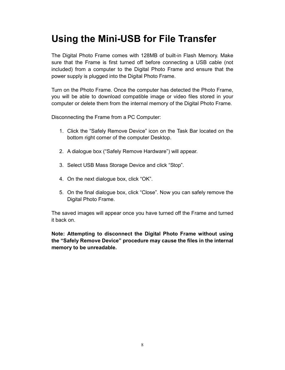 Using the mini-usb for file transfer | Westinghouse DPF-0702 User Manual | Page 9 / 48