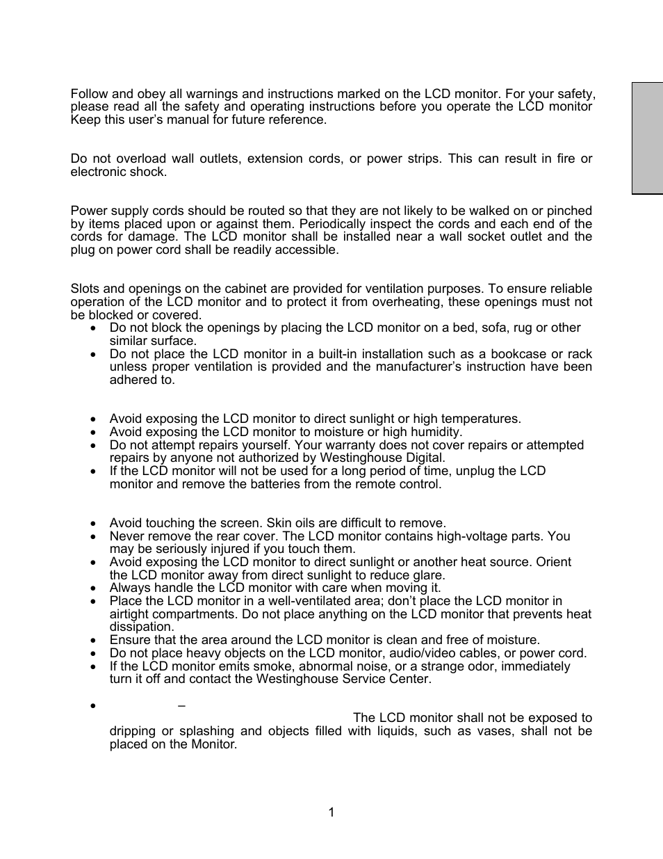 English, Product safety instructions | Westinghouse LCM-27w4 User Manual | Page 3 / 19