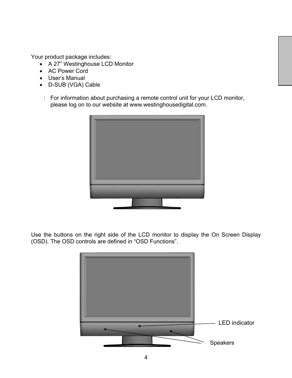 Installation, English, Package contents | Front view of the lcd monitor | Westinghouse LCM-27w4 User Manual | Page 6 / 19
