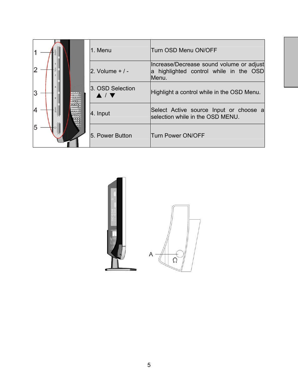 English, Side view of the lcd monitor | Westinghouse LCM-27w4 User Manual | Page 7 / 19