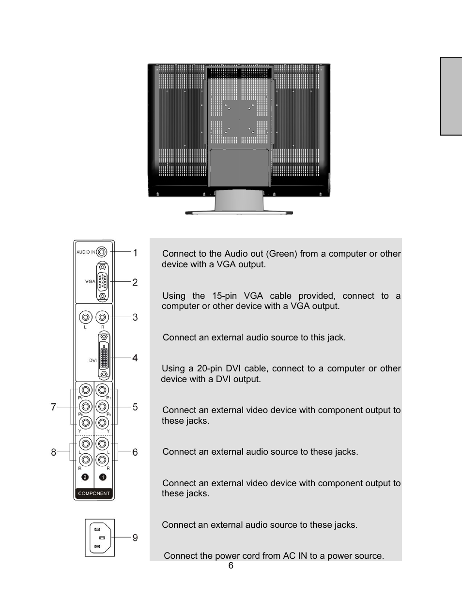 English, Rear view of the lcd monitor | Westinghouse LCM-27w4 User Manual | Page 8 / 19