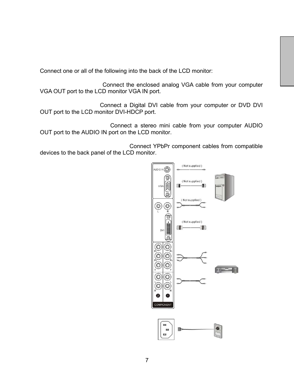 English, Installation, Connect audio and video cables to a computer | Westinghouse LCM-27w4 User Manual | Page 9 / 19