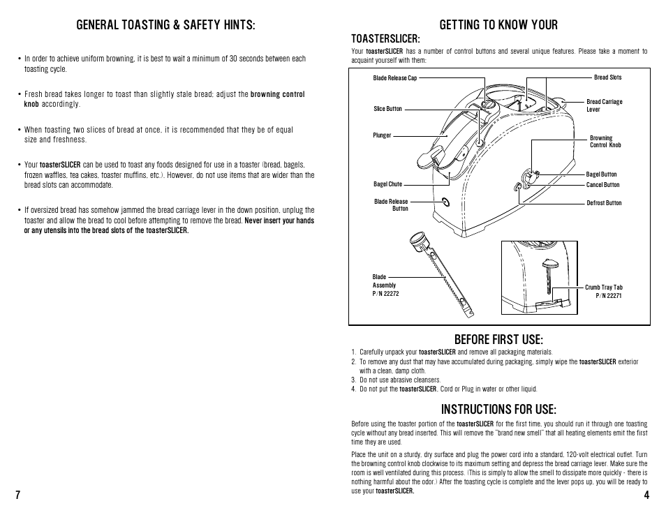 Getting to know your, Before first use, Instructions for use | General toasting & safety hints, Toasterslicer | Westinghouse WST3001W User Manual | Page 5 / 12