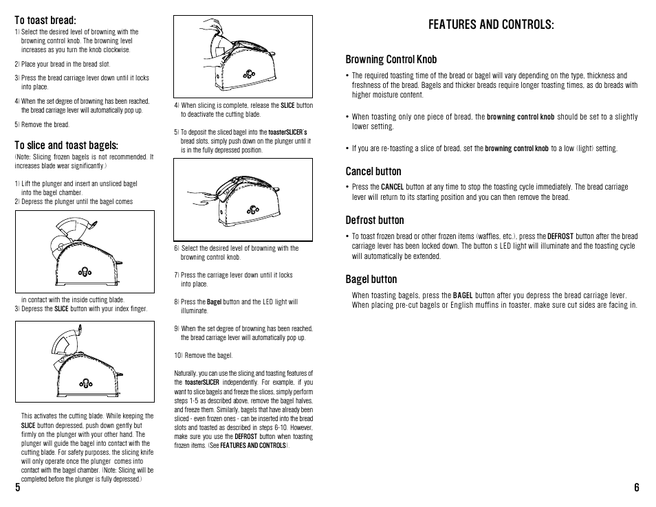 Features and controls, Browning control knob, Cancel button | Defrost button, Bagel button | Westinghouse WST3001W User Manual | Page 6 / 12