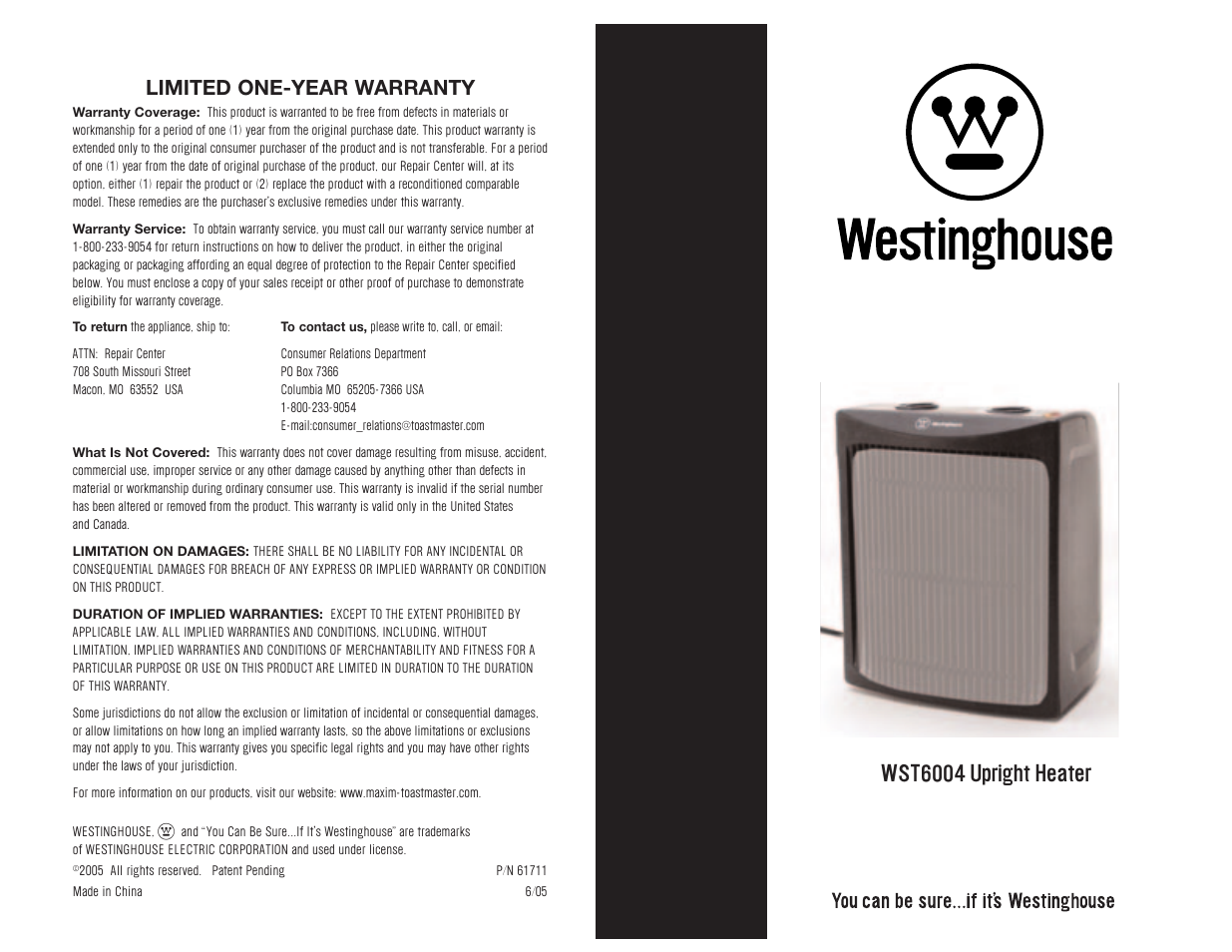 Wst6004 upright heater, Limited one-year warranty | Westinghouse WST6004 User Manual | Page 12 / 12