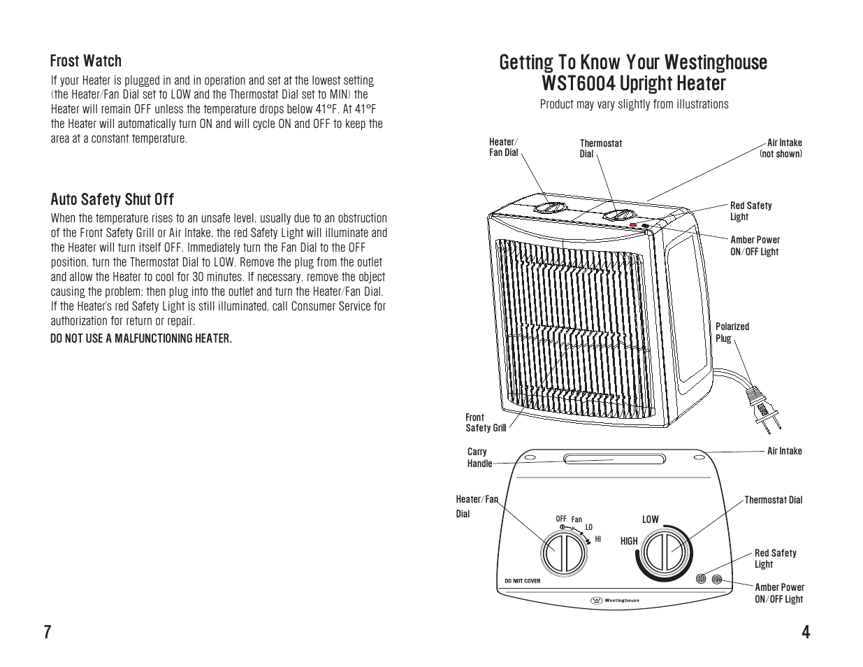 Frost watch, Auto safety shut off | Westinghouse WST6004 User Manual | Page 9 / 12