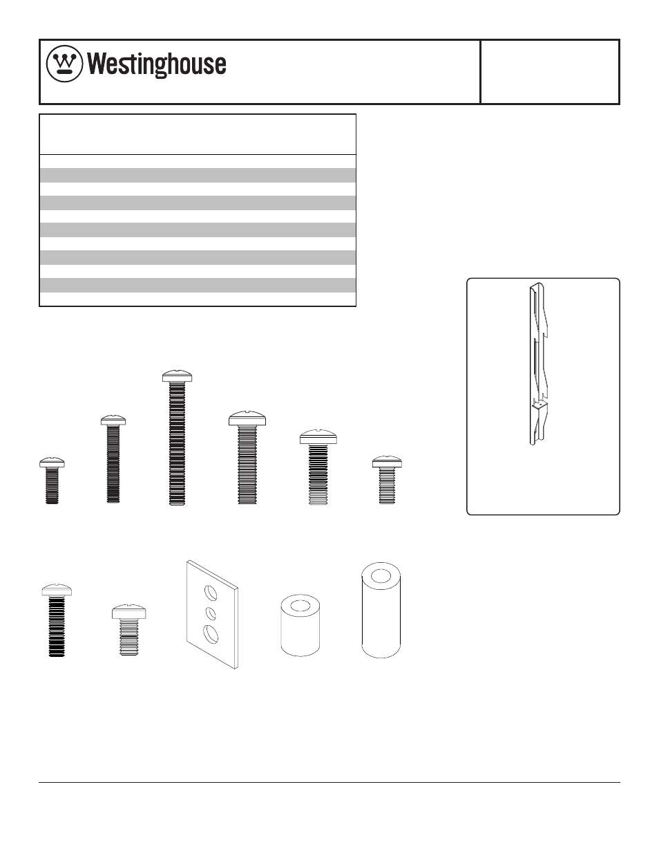 Parts list | Westinghouse MT80 THIN User Manual | Page 9 / 12