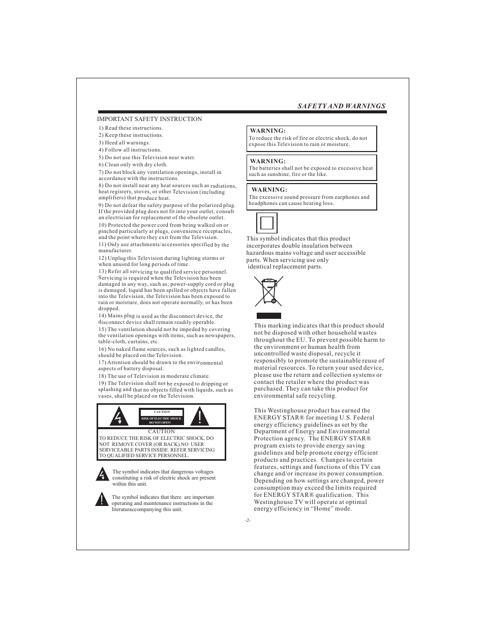 Safety and warnings | Westinghouse LD-3240 User Manual | Page 3 / 16