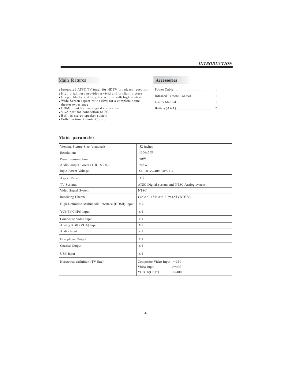 Main features, Main parameter, Introduction | Accessories | Westinghouse LD-3240 User Manual | Page 5 / 16