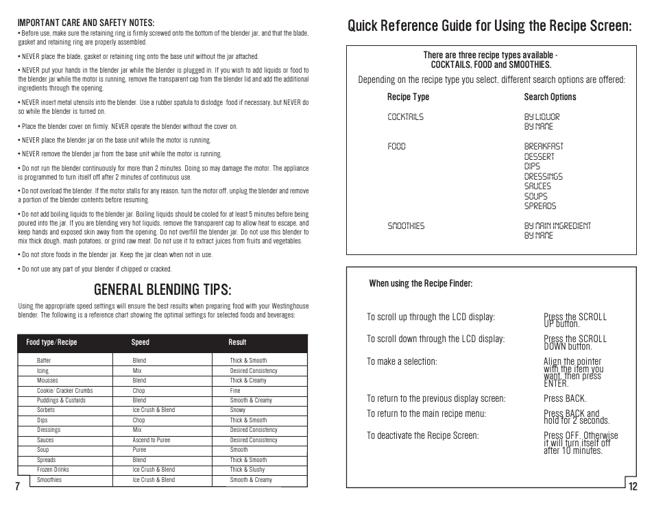 General blending tips, Quick reference guide for using the recipe screen | Westinghouse WST2019W User Manual | Page 13 / 20