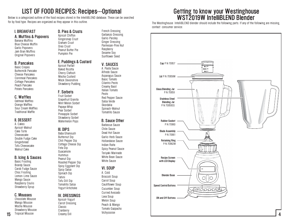 List of food recipes: recipes---optional | Westinghouse WST2019W User Manual | Page 16 / 20