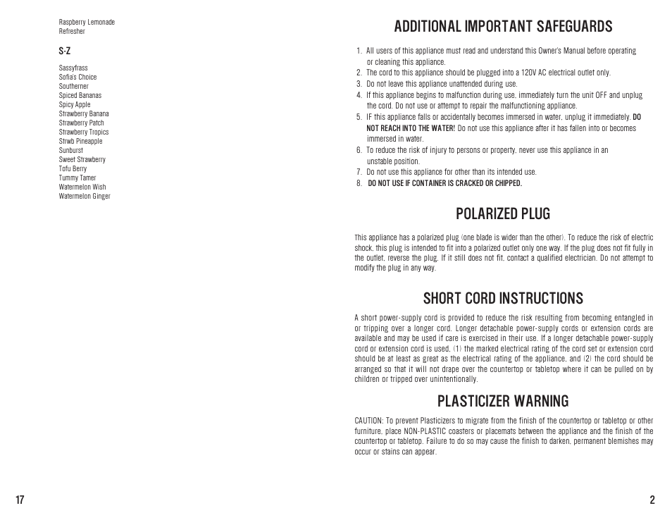 Additional important safeguards, Polarized plug, Short cord instructions | Plasticizer warning | Westinghouse WST2019W User Manual | Page 18 / 20