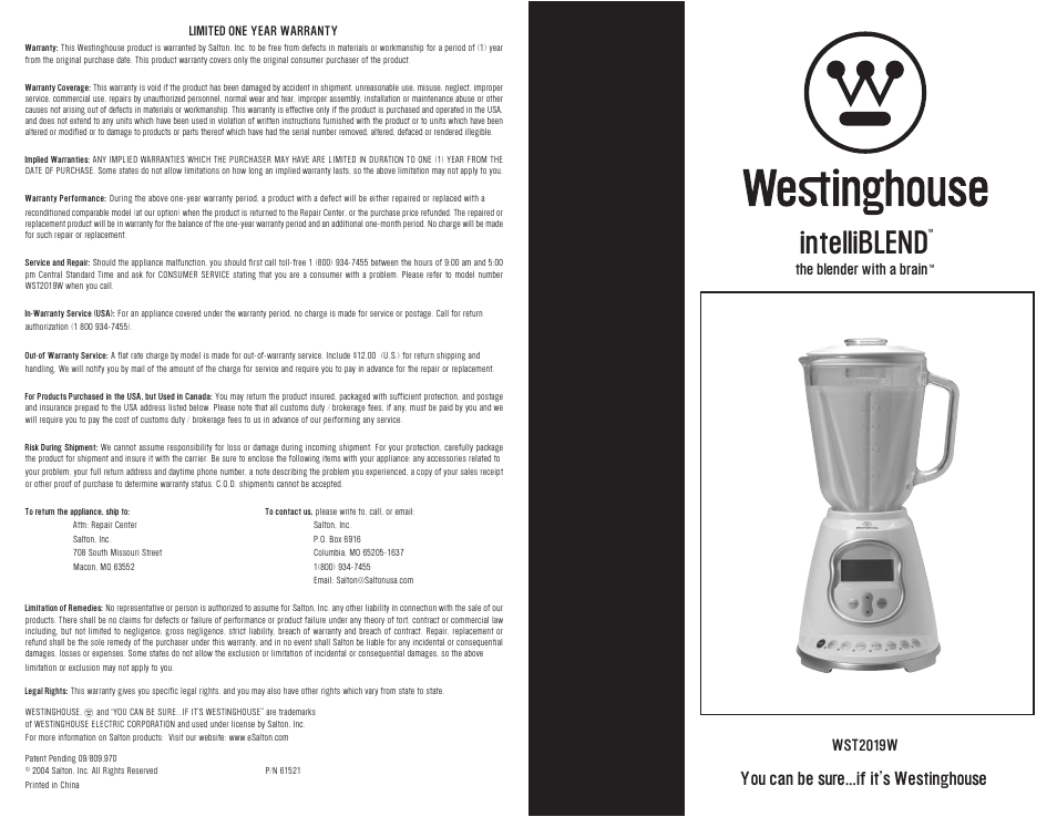 Intelliblend, You can be sure...if it’s westinghouse, Wst2019w | The blender with a brain | Westinghouse WST2019W User Manual | Page 20 / 20