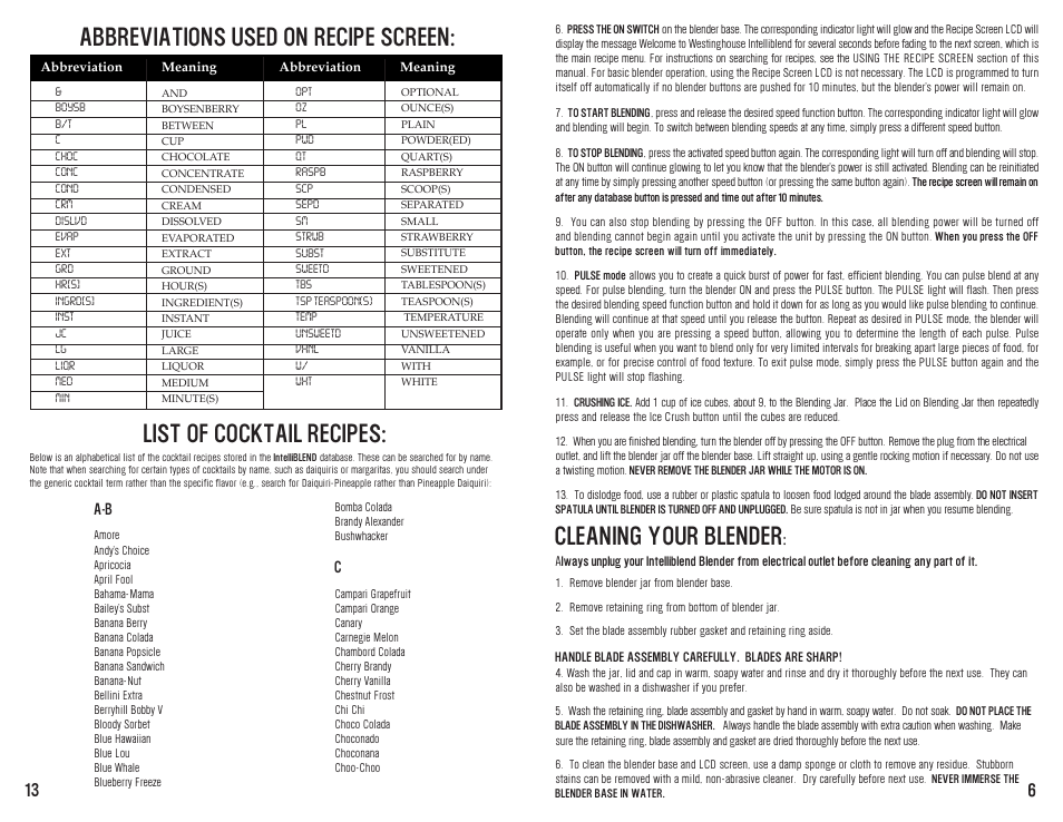 Cleaning your blender, List of cocktail recipes, Abbreviations used on recipe screen | Westinghouse WST2019W User Manual | Page 7 / 20