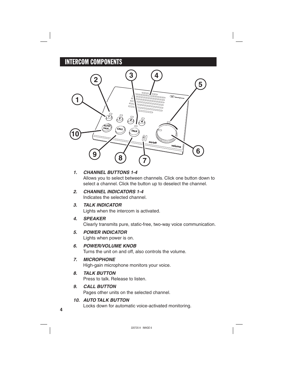 Intercom components | Westinghouse WHI-4CUPG User Manual | Page 6 / 8