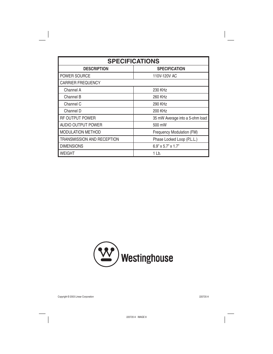 Specifications | Westinghouse WHI-4CUPG User Manual | Page 8 / 8