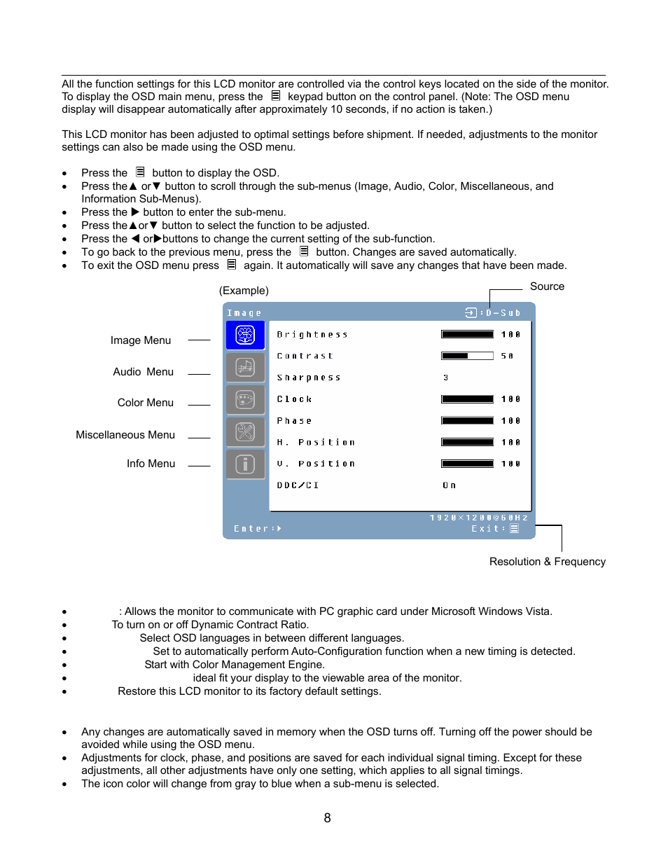 Osd menu functions | Westinghouse L2610NW User Manual | Page 9 / 14
