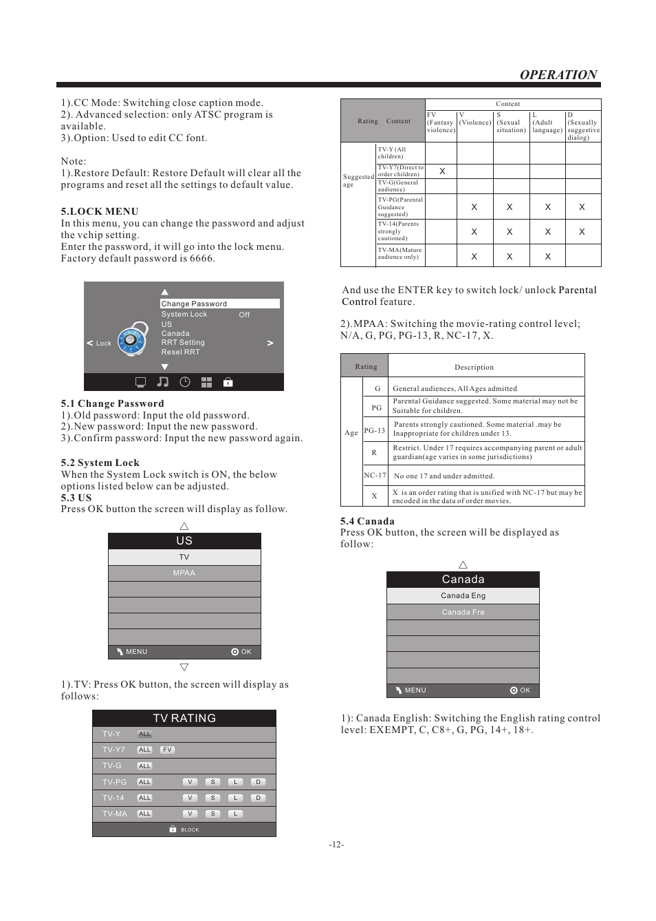 Operation, Canada, Tv rating | Westinghouse EW39T5KW User Manual | Page 13 / 41