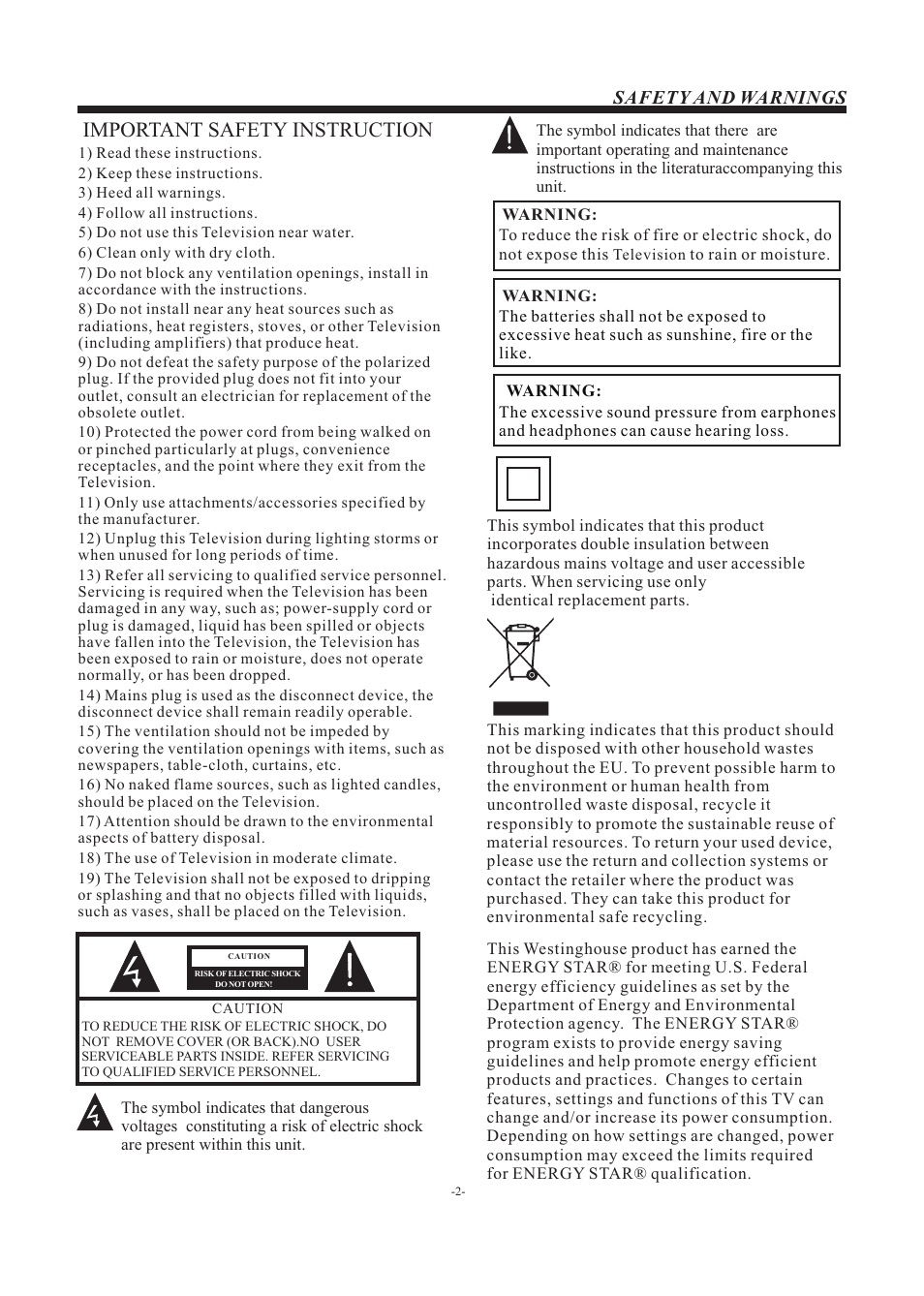 Important safety instruction | Westinghouse EW39T5KW User Manual | Page 3 / 41
