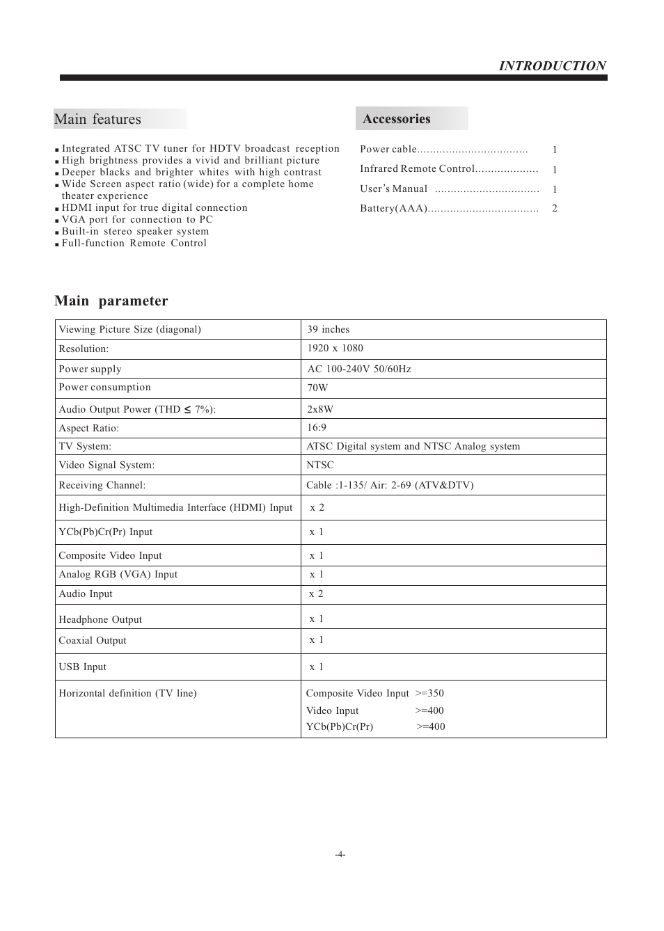 Main features, Main parameter, Accessories | Introduction | Westinghouse EW39T5KW User Manual | Page 5 / 41