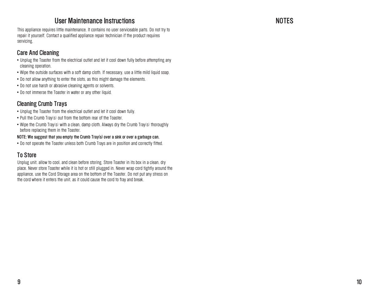 User maintenance instructions | Westinghouse WST3033 User Manual | Page 10 / 12
