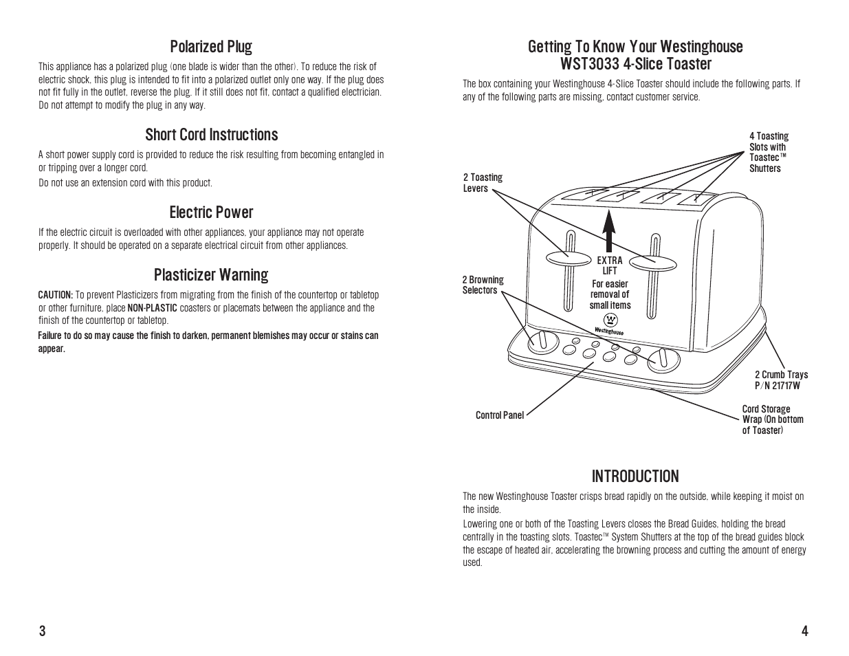 Polarized plug, Short cord instructions, Electric power | Plasticizer warning, Introduction | Westinghouse WST3033 User Manual | Page 4 / 12